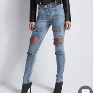 Rhinestone fishnet distressed jeans EUC